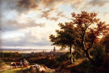 巴倫德 科內利斯 庫庫尅 A Panoramic Rhenish Landscape With Peasants Conversing On A Track